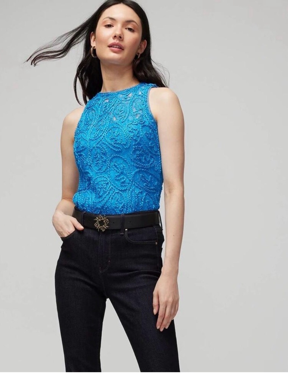 White House Black Market Blue Beaded Sleeveless Camisole